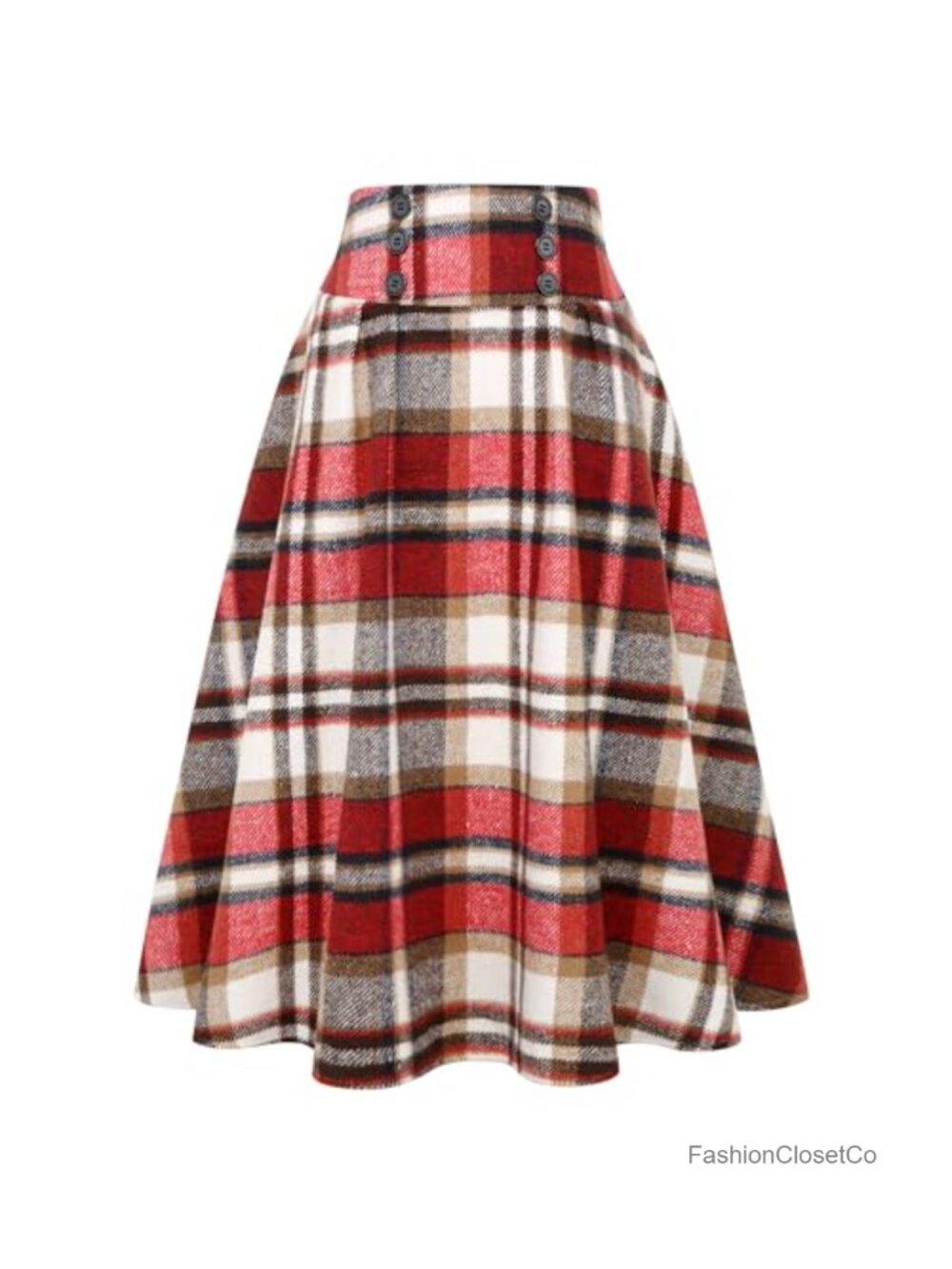 Women's High Waisted Plaid Midi Skirt with Pockets, Wool Blend, A-Line Pleated,
